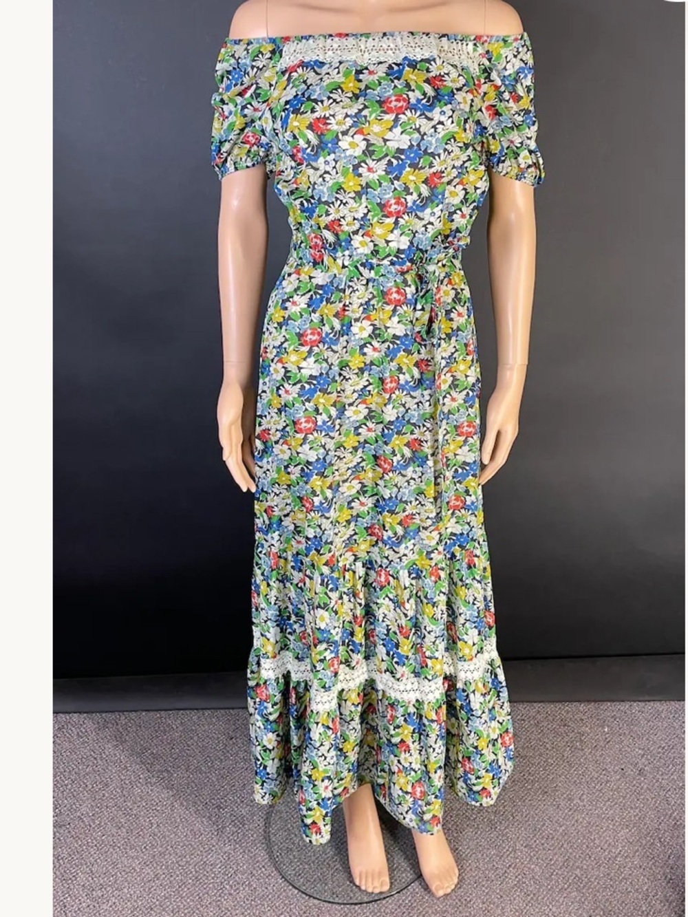 Vintage Floral Green and Black Colorful Maxi Dress sz S - Picture 10 of 11